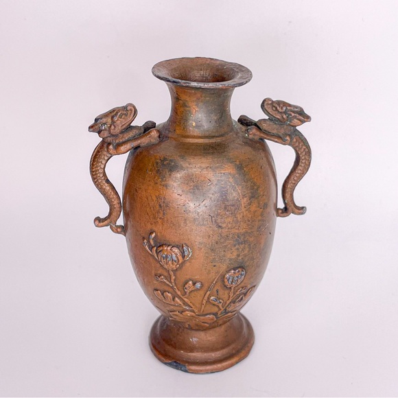 Antique Japanese Bronze Meiji Era Floral Vase/Urn with Dragon Handles Bud Vase - Picture 2 of 13